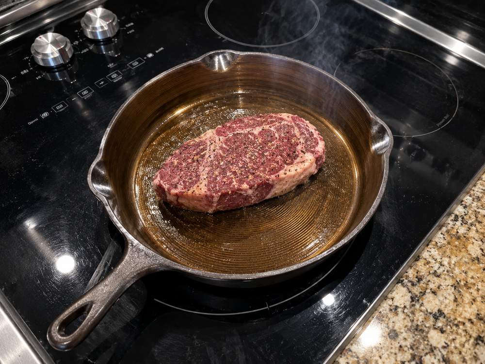 A peppered strip steak just laid into the iLume's bronze cooking surface, the first wisps of smoke rising.