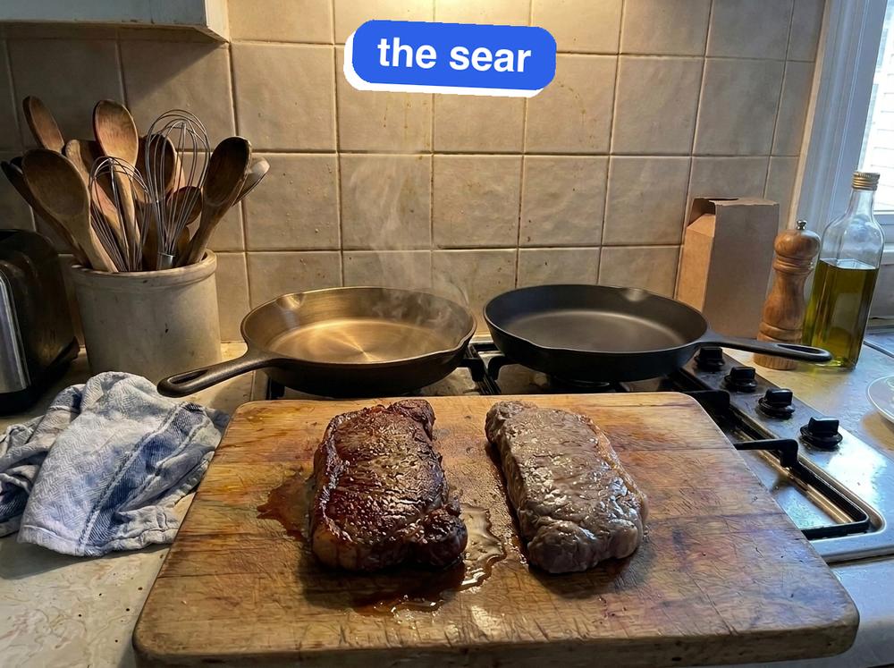 Two strip steaks on one cutting board: deep mahogany crust from the iLume on the left, gray-brown from the Field on the right.
