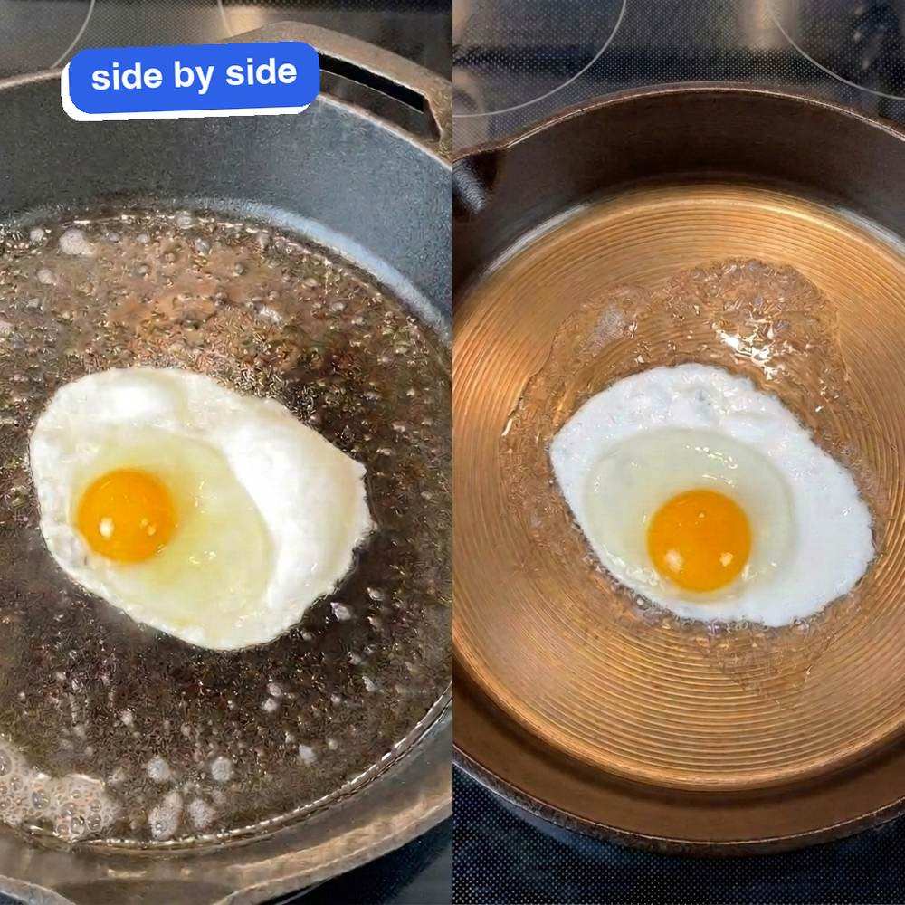 Both eggs from directly above: the Lodge's egg sitting in pooled oil on the left, the iLume's egg frying on the polished bronze surface on the right.