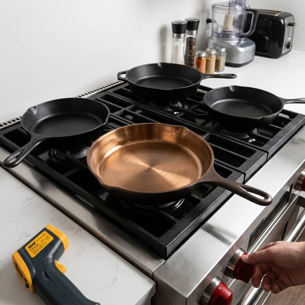 Four of the test pans staged on the gas range, the yellow infrared thermometer lying in front, a hand on the burner knob.