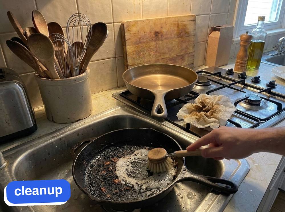 The Lodge getting scrubbed in the sink while the iLume sits clean on the stove, one used paper towel beside it.