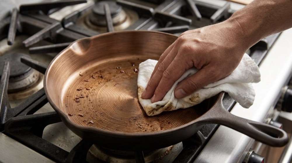 A hand wiping cooked-on bits off the iLume's bronze cooking surface with a cloth, the concentric grind circles showing through.