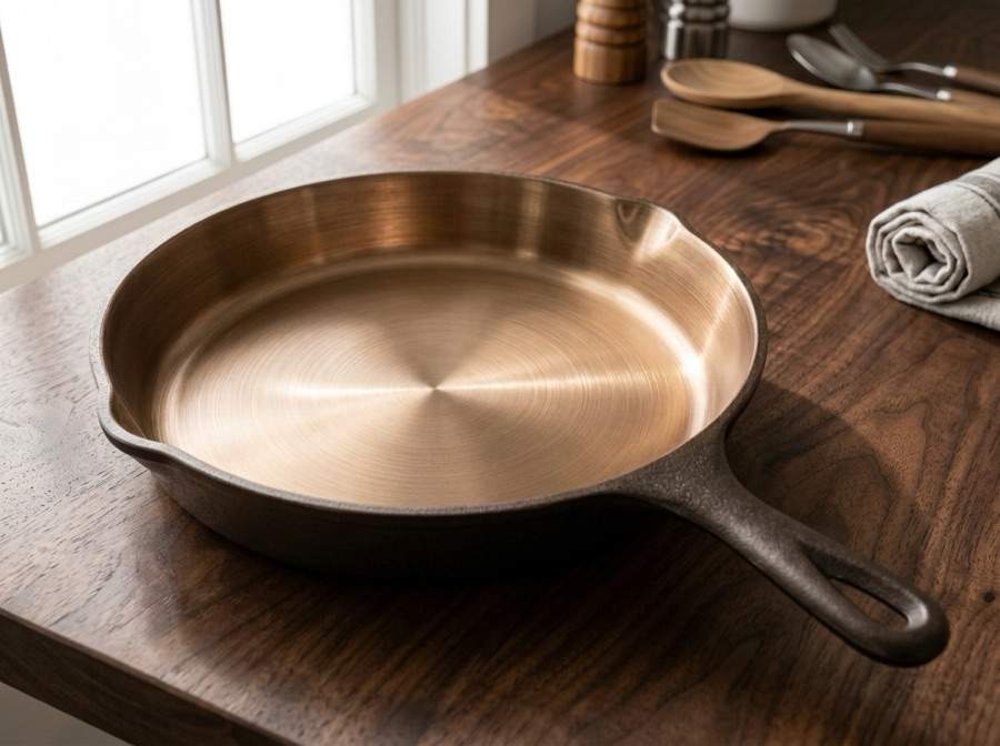 The iLume cast iron skillet on a dark espresso-walnut table — polished bronze interior with fine concentric grind circles, pour spouts on both sides, teardrop hanging hole in the handle.