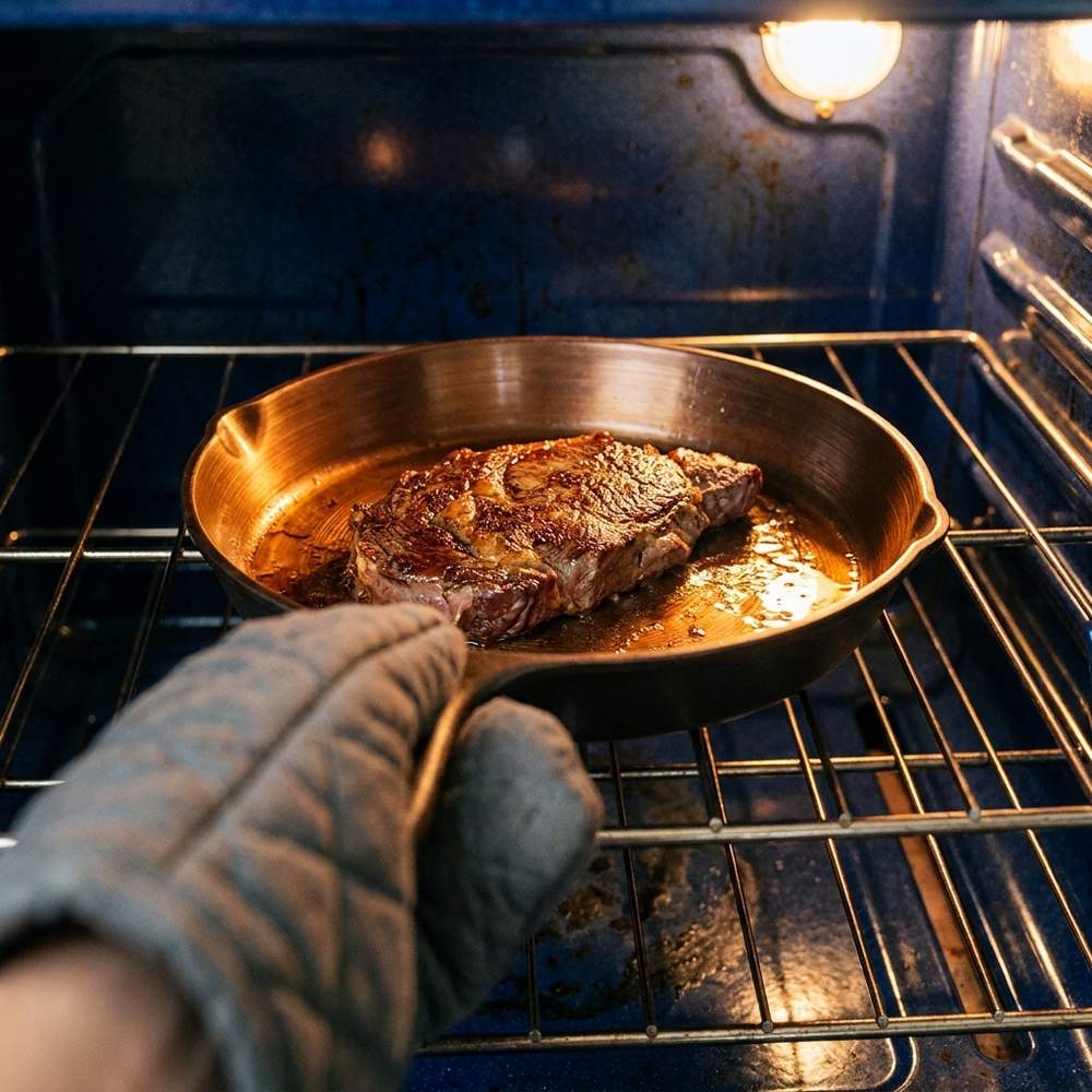 An oven-mitt hand pulling the iLume with a steak in it off the oven rack.