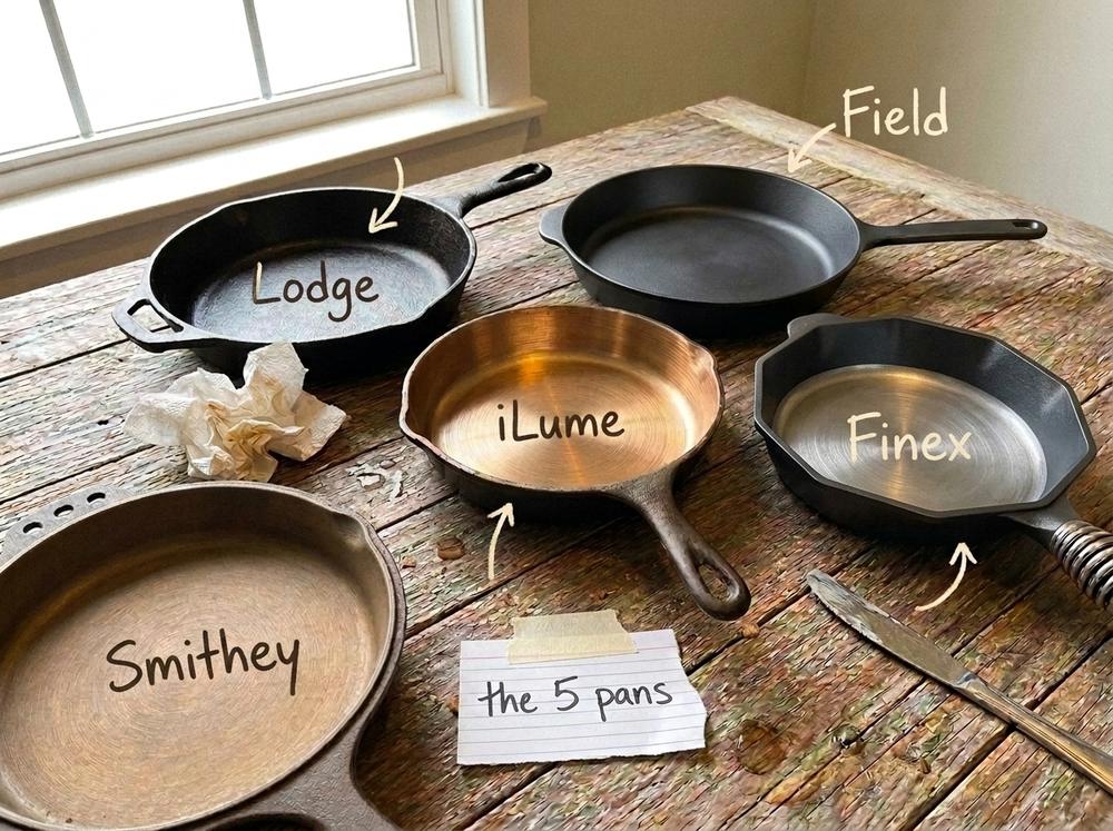 Overhead view of the five pans in this review on a weathered wood table — the bronze-interior iLume in the middle, with the Lodge, Field, Smithey, and Finex around it.