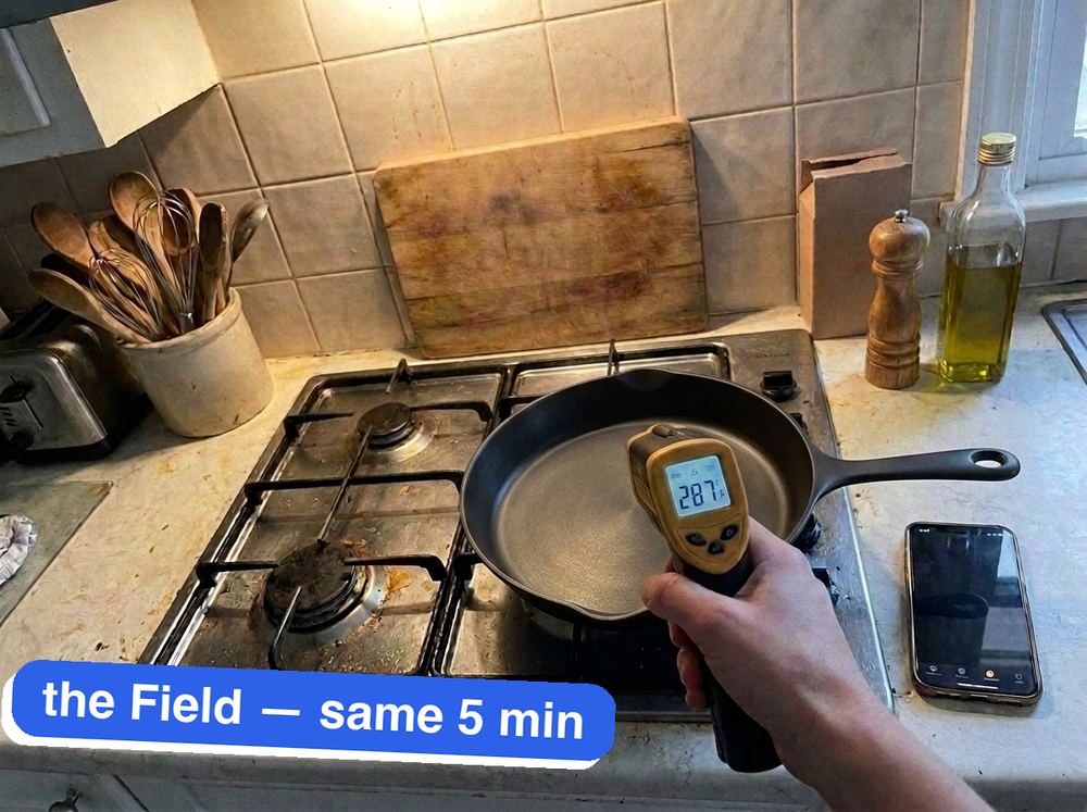 Same thermometer, same counter, on the Field: 287°F.