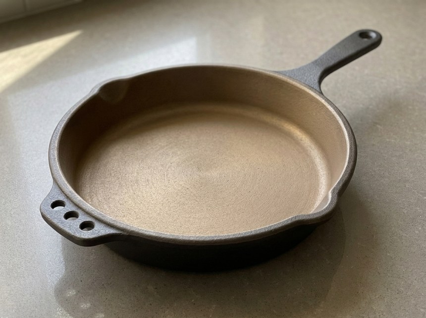 The Smithey skillet — dull matte bare-iron interior, dark cast iron body, the signature three-hole tab at the rim.